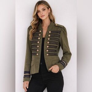 Zara Olive Military Blazer with Gold and Navy Accents